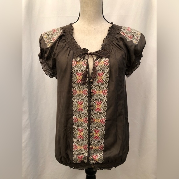 Joie Brown Embroidered Wooden Buttons Silk Blend Short Sleeve Blouse Top Small - Picture 1 of 16